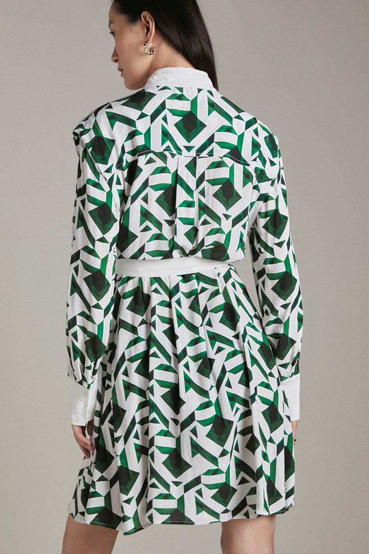 Green Collared Geometric Print Long Sleeve Belted Shirt Mini Dress