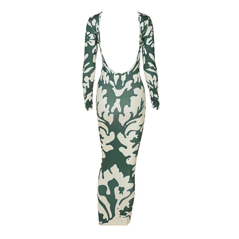 Green Long Sleeve Camo Print Backless Bodycon Midi Dress