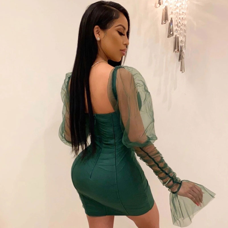 Emerald Green Sweetheart Neck Mesh Puff Sleeve Bustier Bodycon Mini Dress