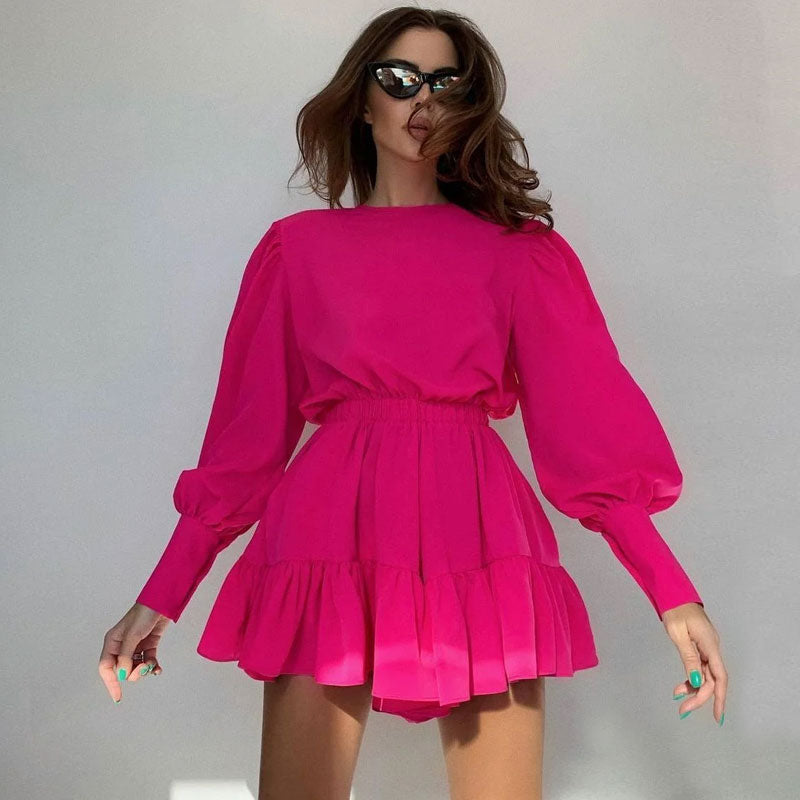 Hot Pink Round Neck Puff Sleeve Gathered Waist Ruffle Hem Mini Dress