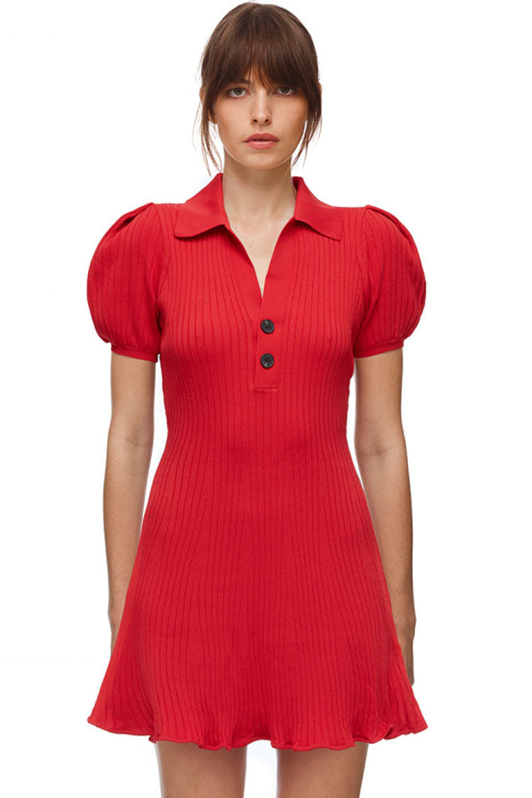 Red Collared Puff Sleeve Ribbed Knit Fit And Flare Mini Dress