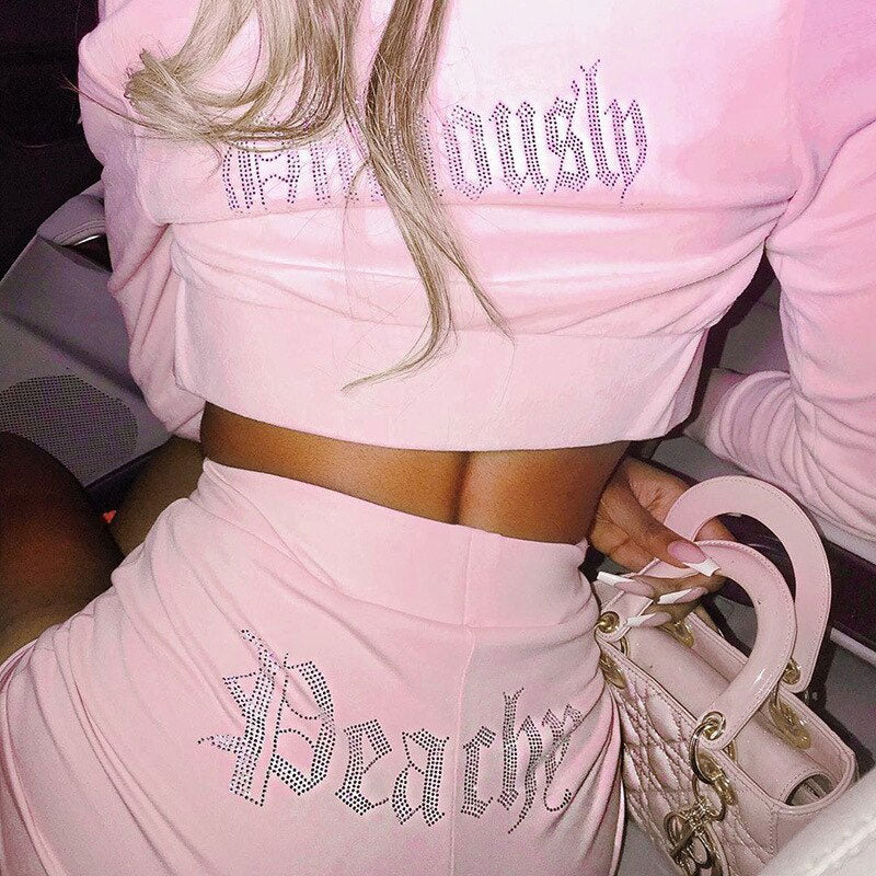 Pink Rhinestone Trim Velvet Zip Front Crop Jacket Pants Set 2