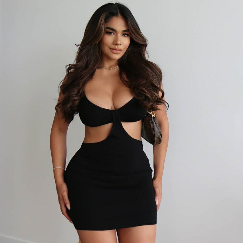 Black Spaghetti Strap V-Neck Ribbed Waist Cutout Bodycon Mini Dress