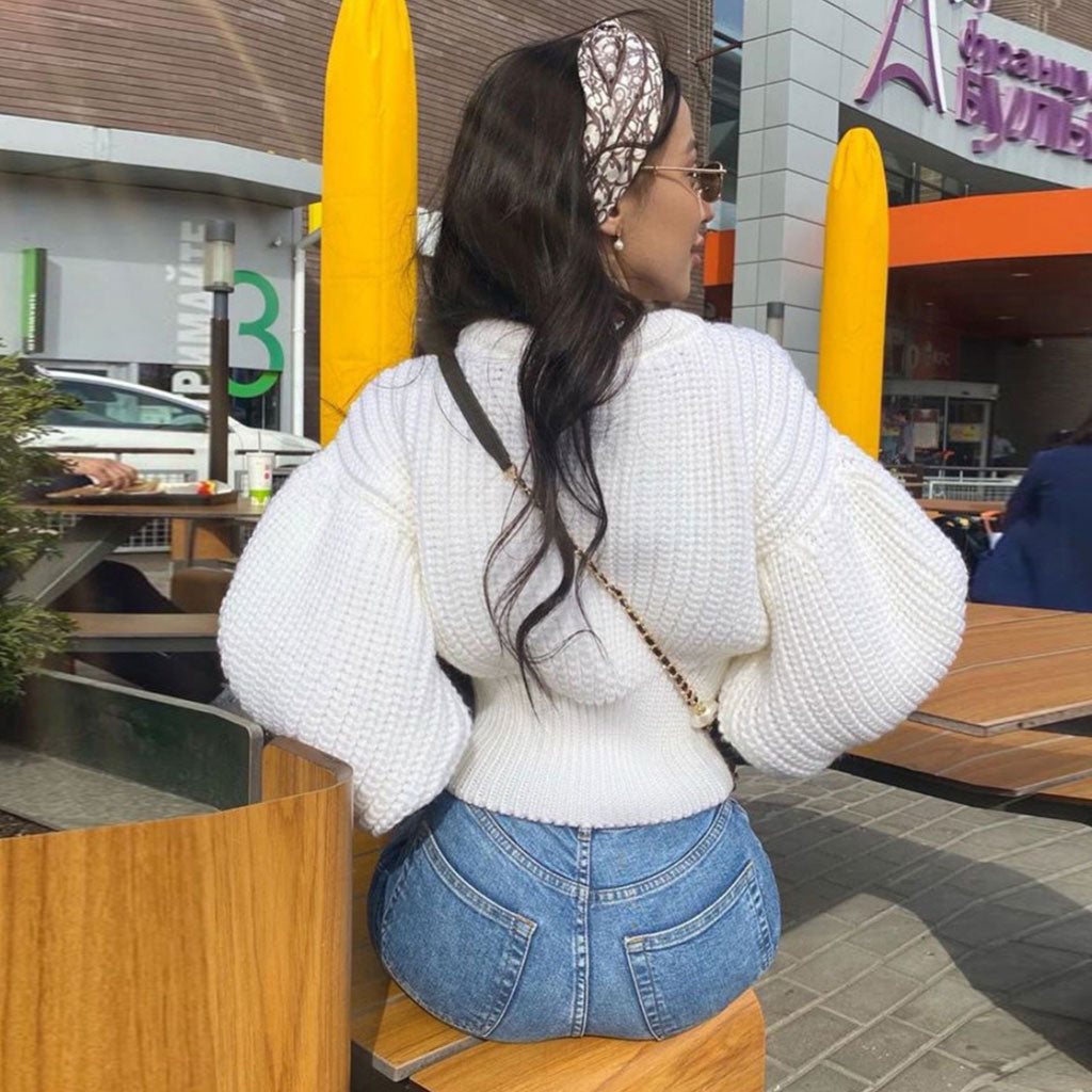 White Round Neck Bishop Sleeve Chunky Knit Crop Pullover Sweater