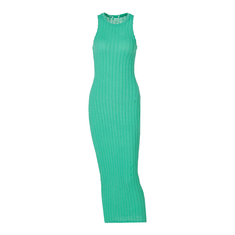 Green Round Neck Sleeveless Cable Knit Bodycon Midi Dress