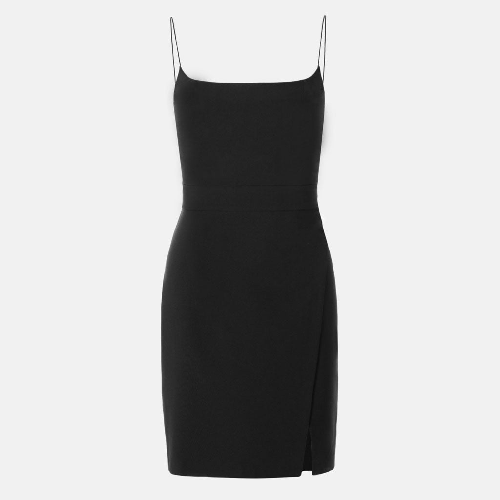 Black Spaghetti Strap Square Neck Front Slit Bodycon Mini Dress