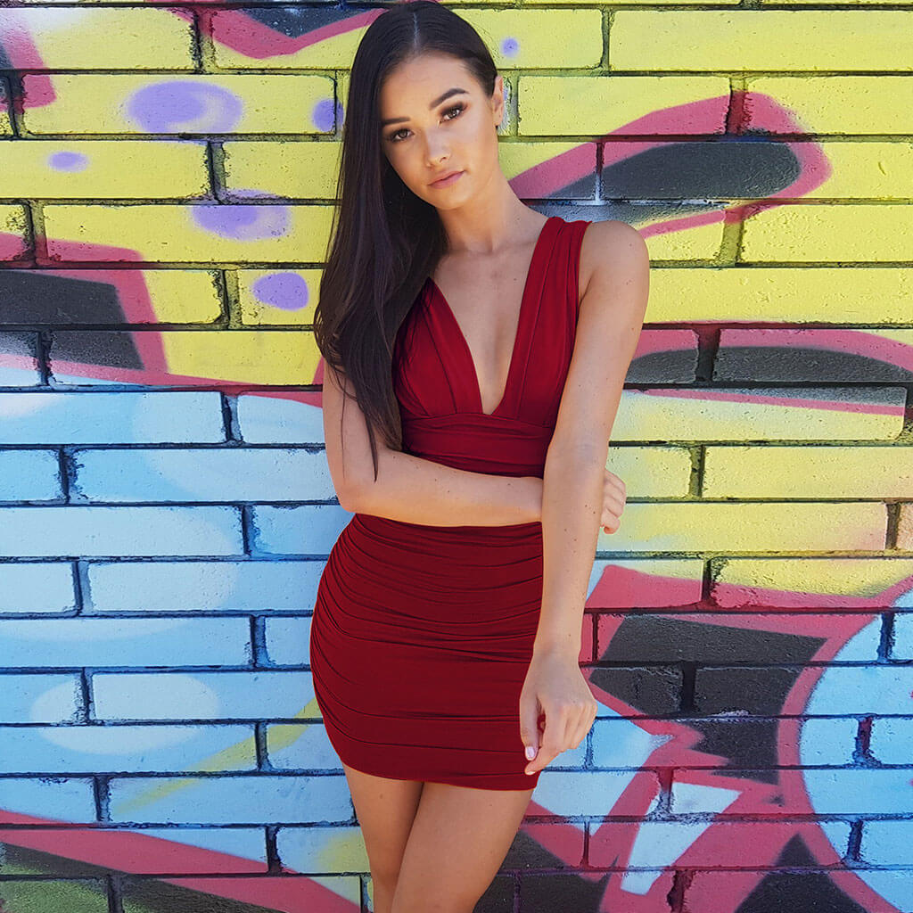 Burgundy Deep V-Neck Ruched Sleeveless Bodycon Mini Dress
