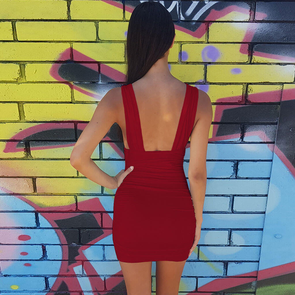 Burgundy Deep V-Neck Ruched Sleeveless Bodycon Mini Dress