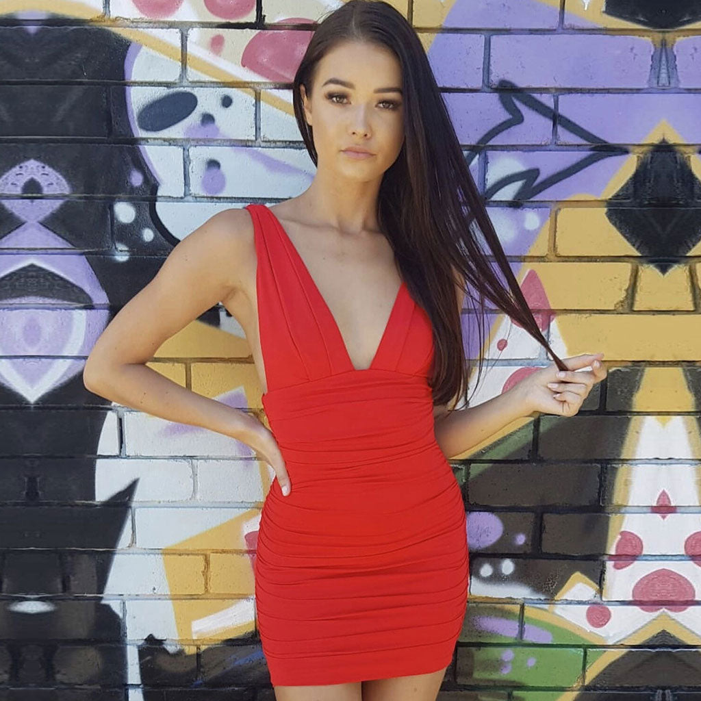 Red Deep V-Neck Ruched Sleeveless Bodycon Mini Dress