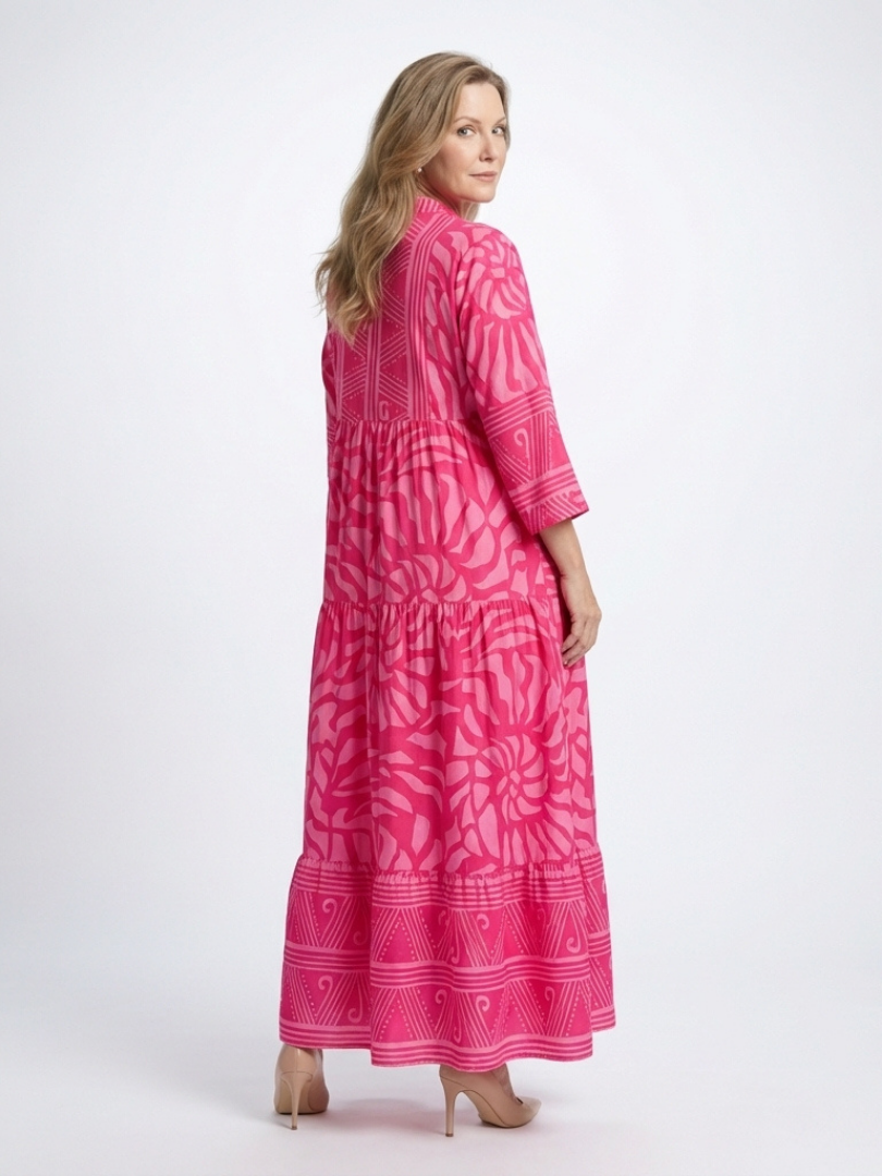 Band Collar Abstract Print Button Front Tiered A-Line Maxi Dress