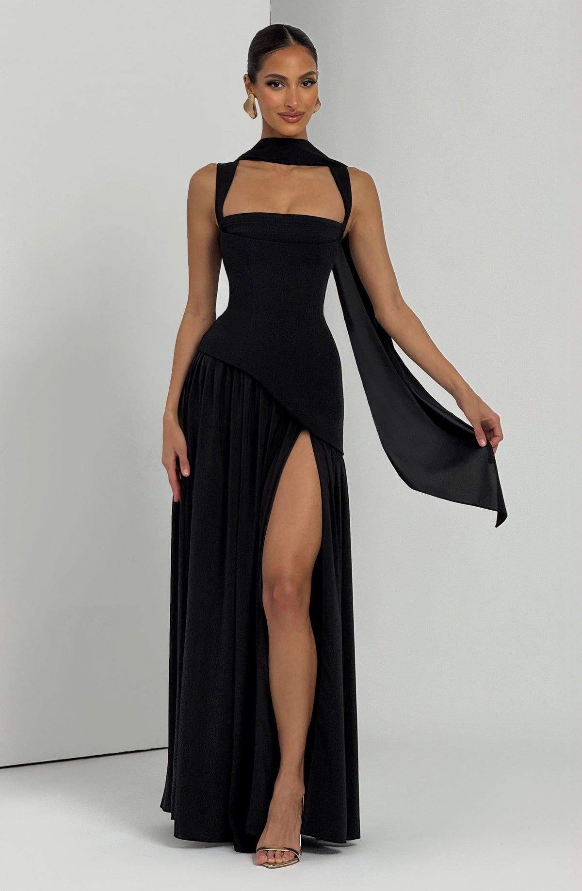 Square Neck Corset Bodice Asymmetric High Slit Maxi Gown