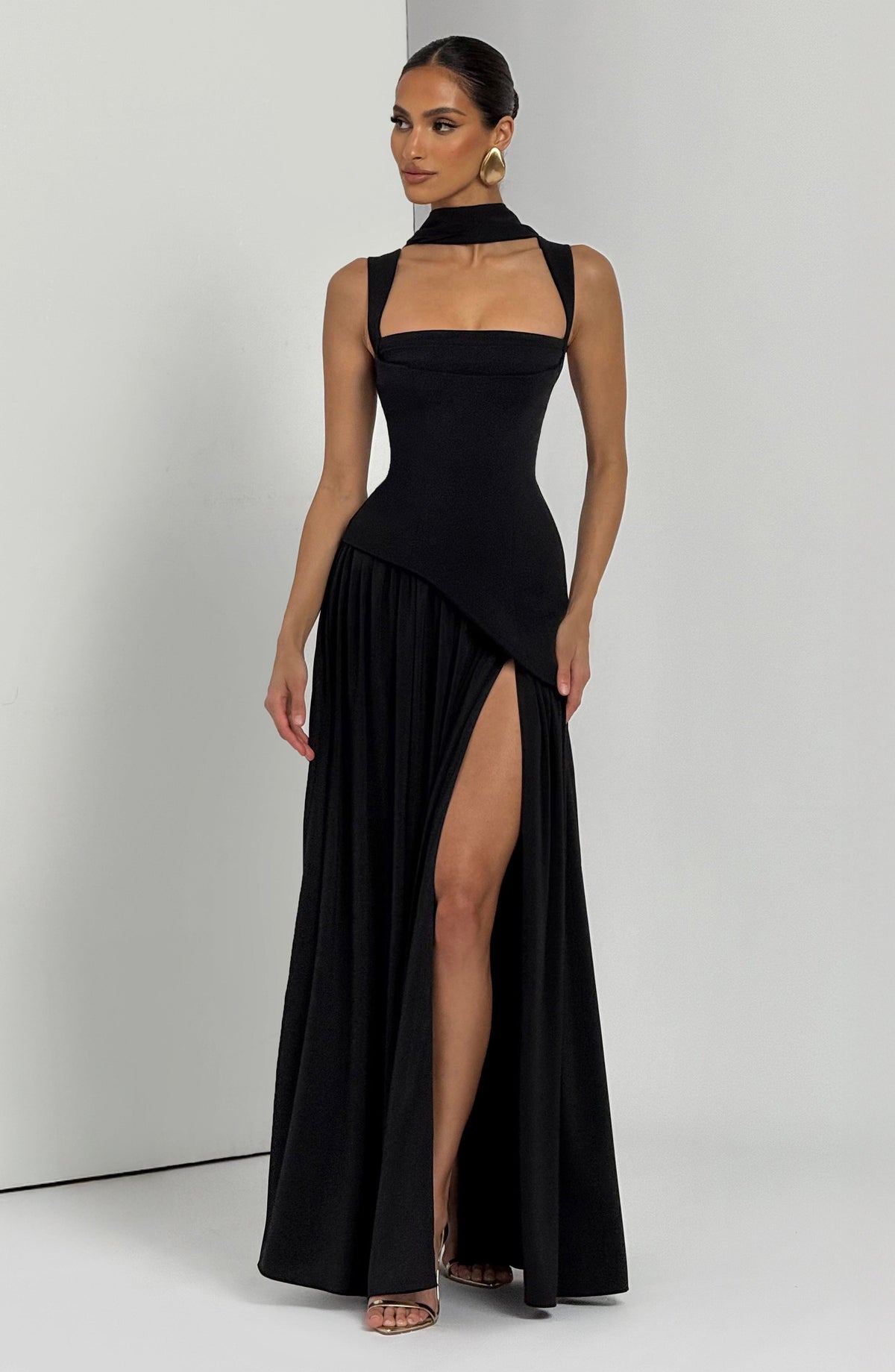 Square Neck Corset Bodice Asymmetric High Slit Maxi Gown