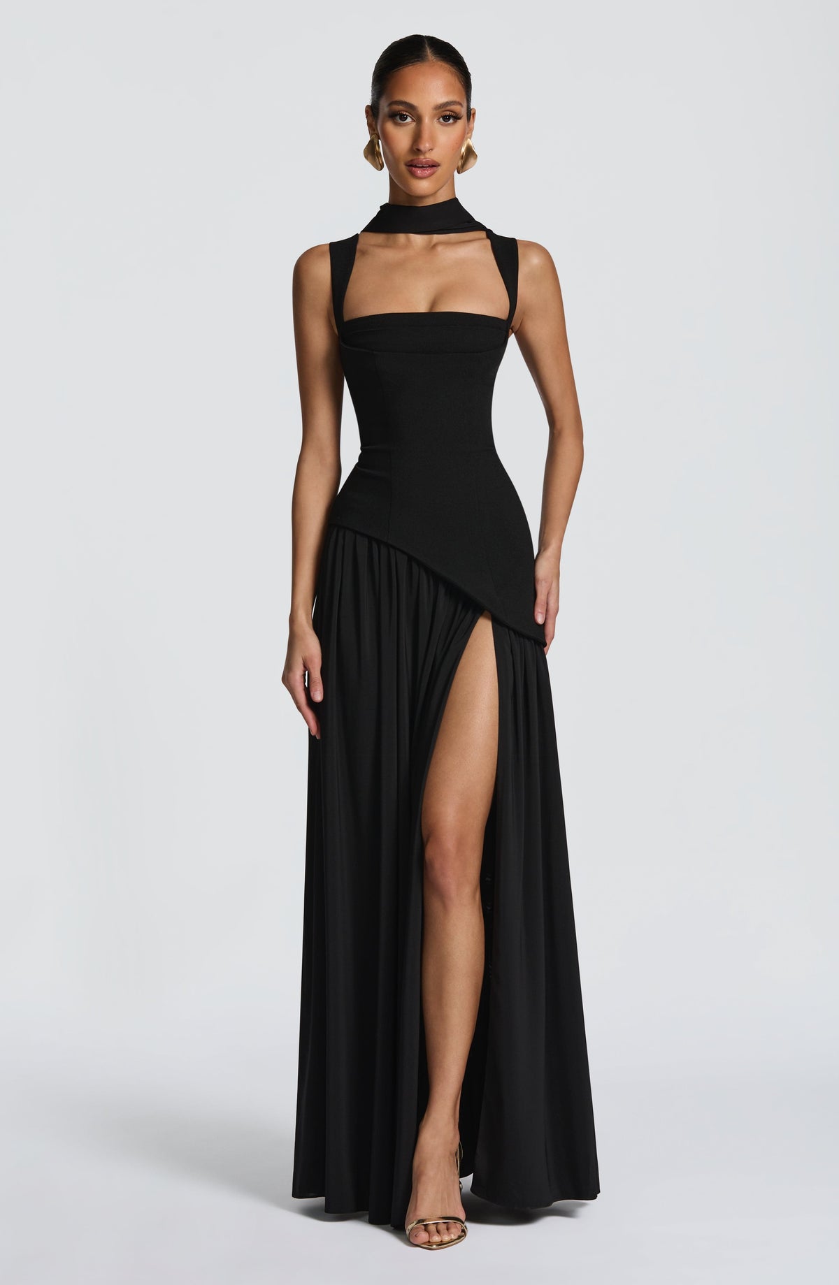 Square Neck Corset Bodice Asymmetric High Slit Maxi Gown