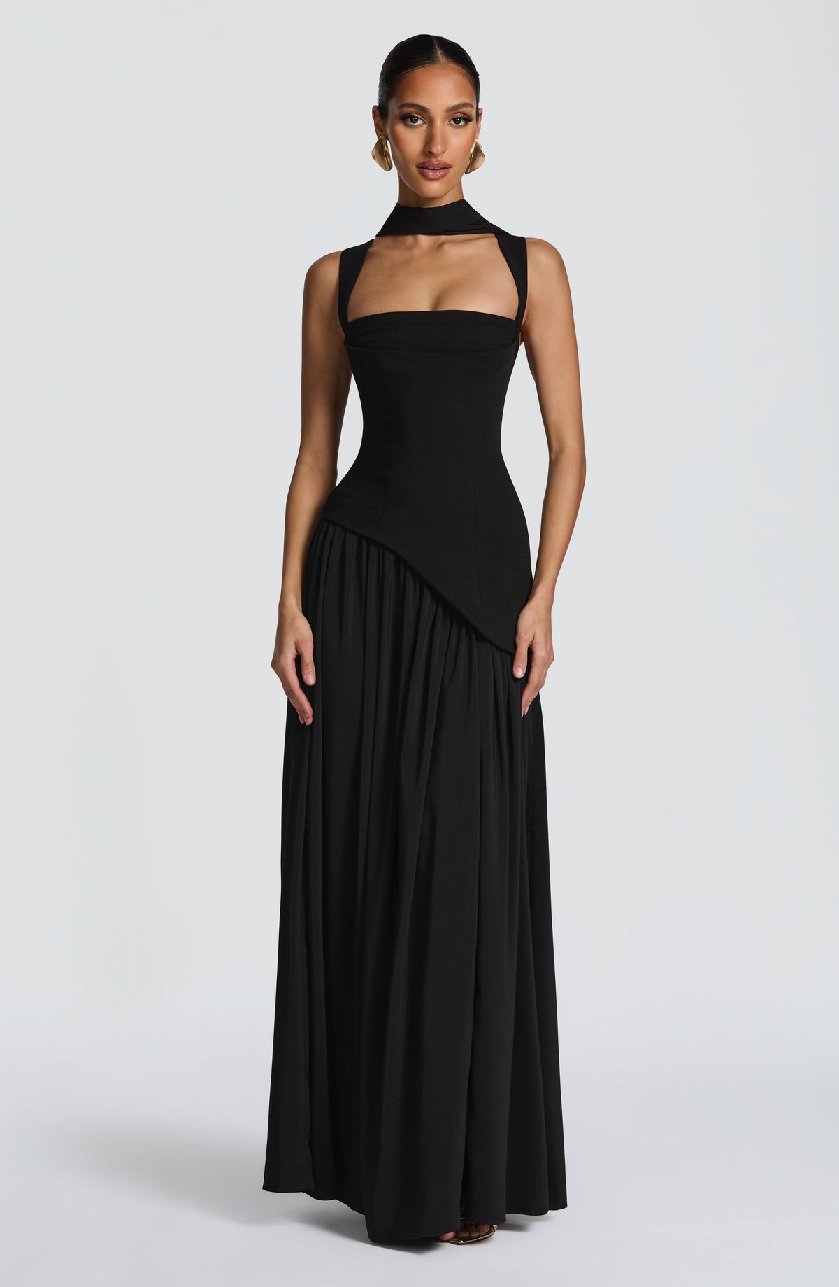 Square Neck Corset Bodice Asymmetric High Slit Maxi Gown