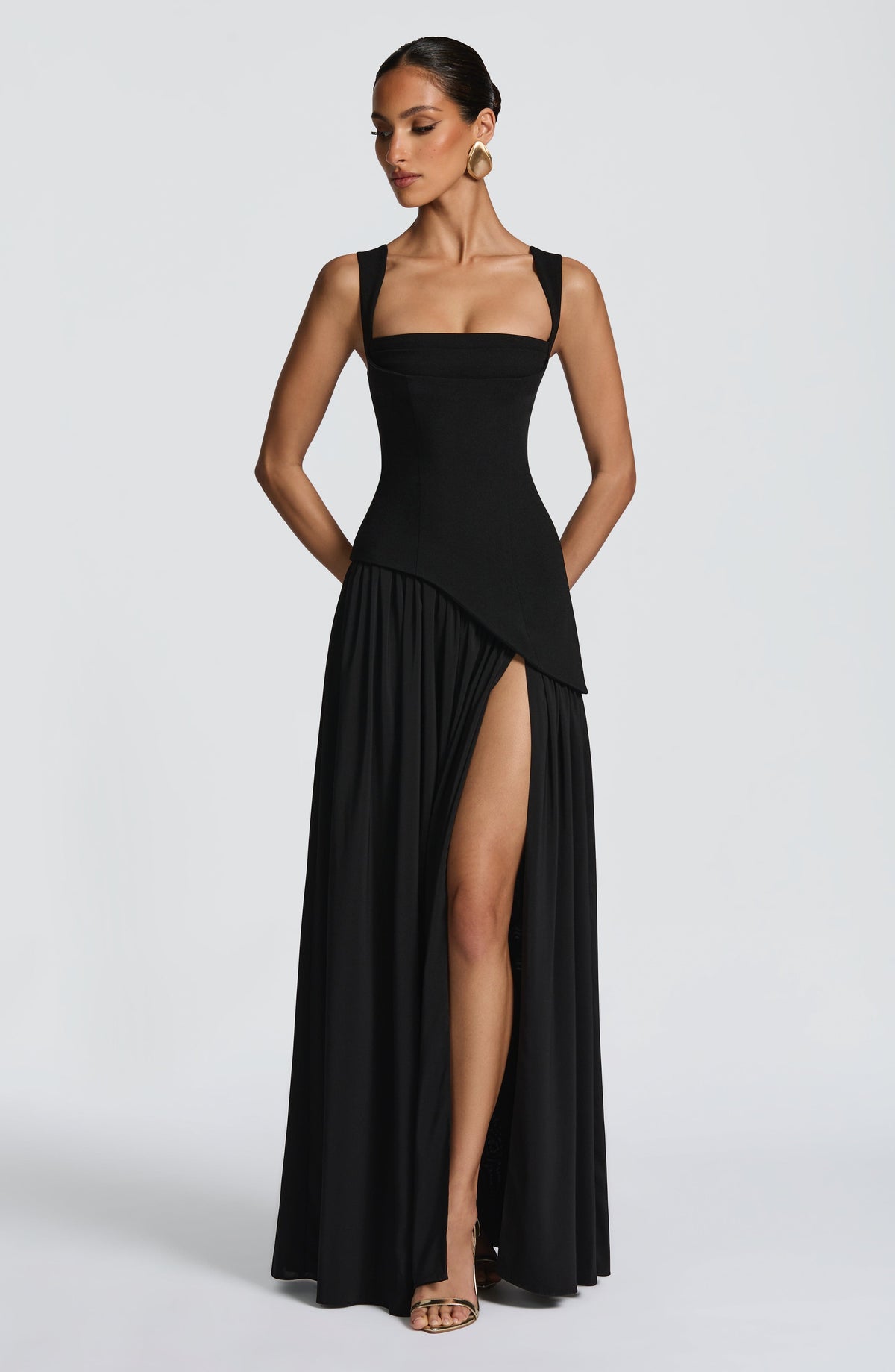 Square Neck Corset Bodice Asymmetric High Slit Maxi Gown