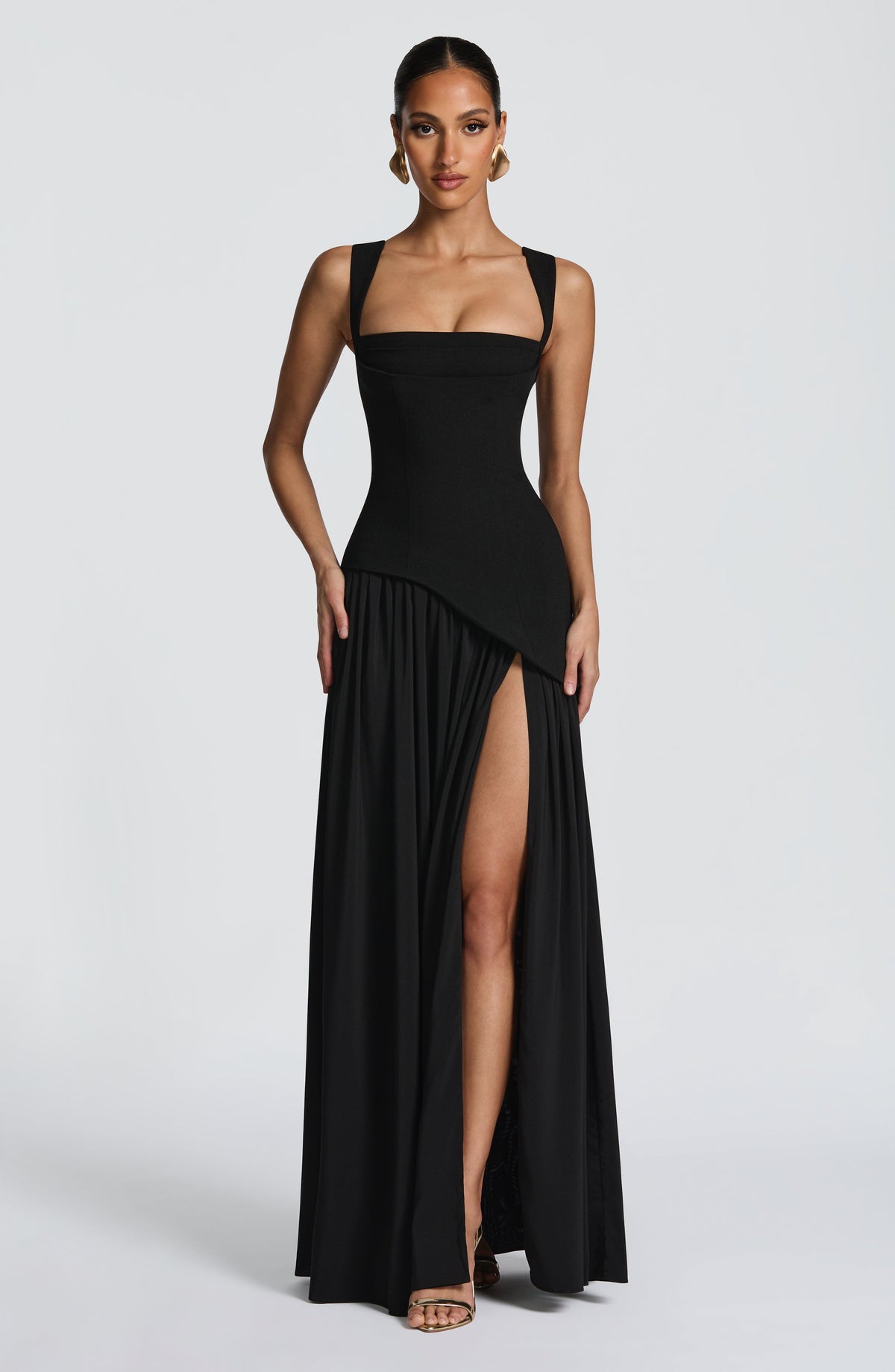 Square Neck Corset Bodice Asymmetric High Slit Maxi Gown