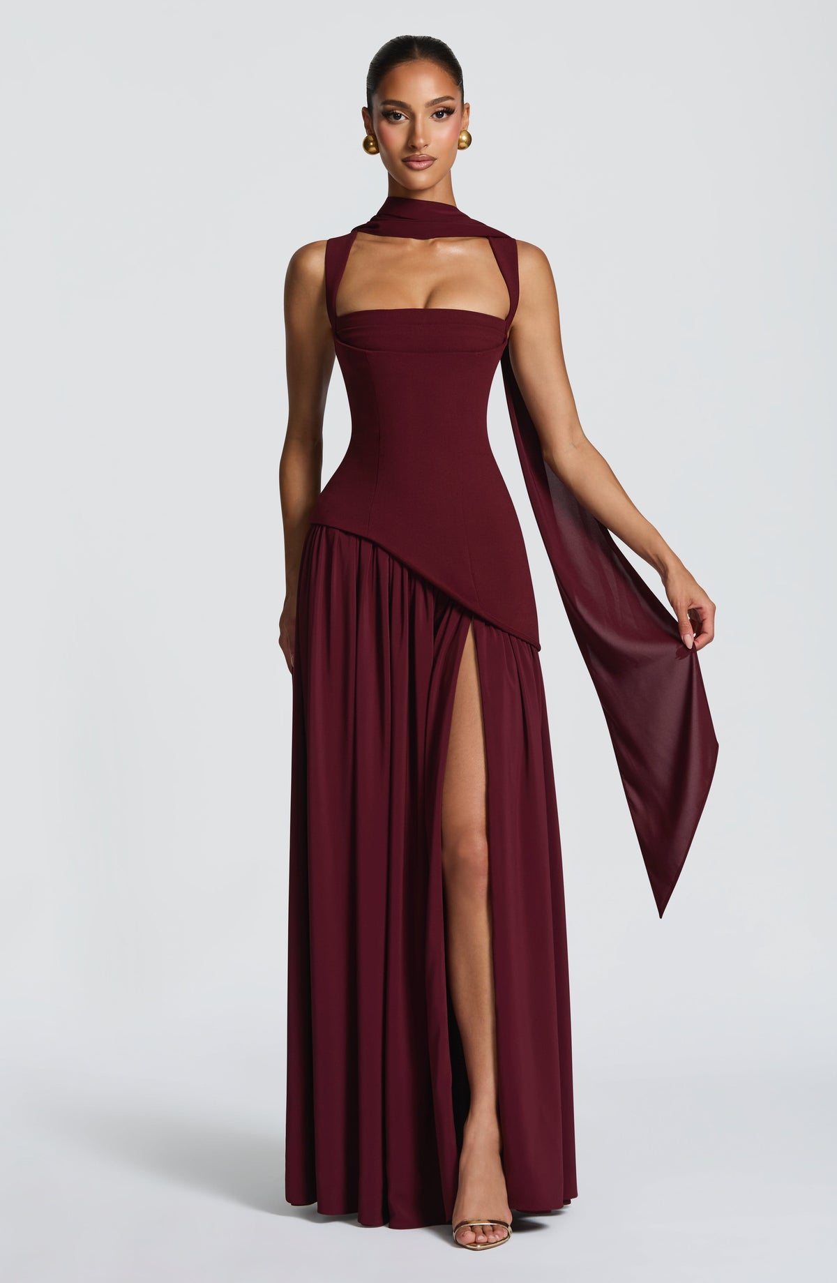 Square Neck Corset Bodice Asymmetric High Slit Maxi Gown