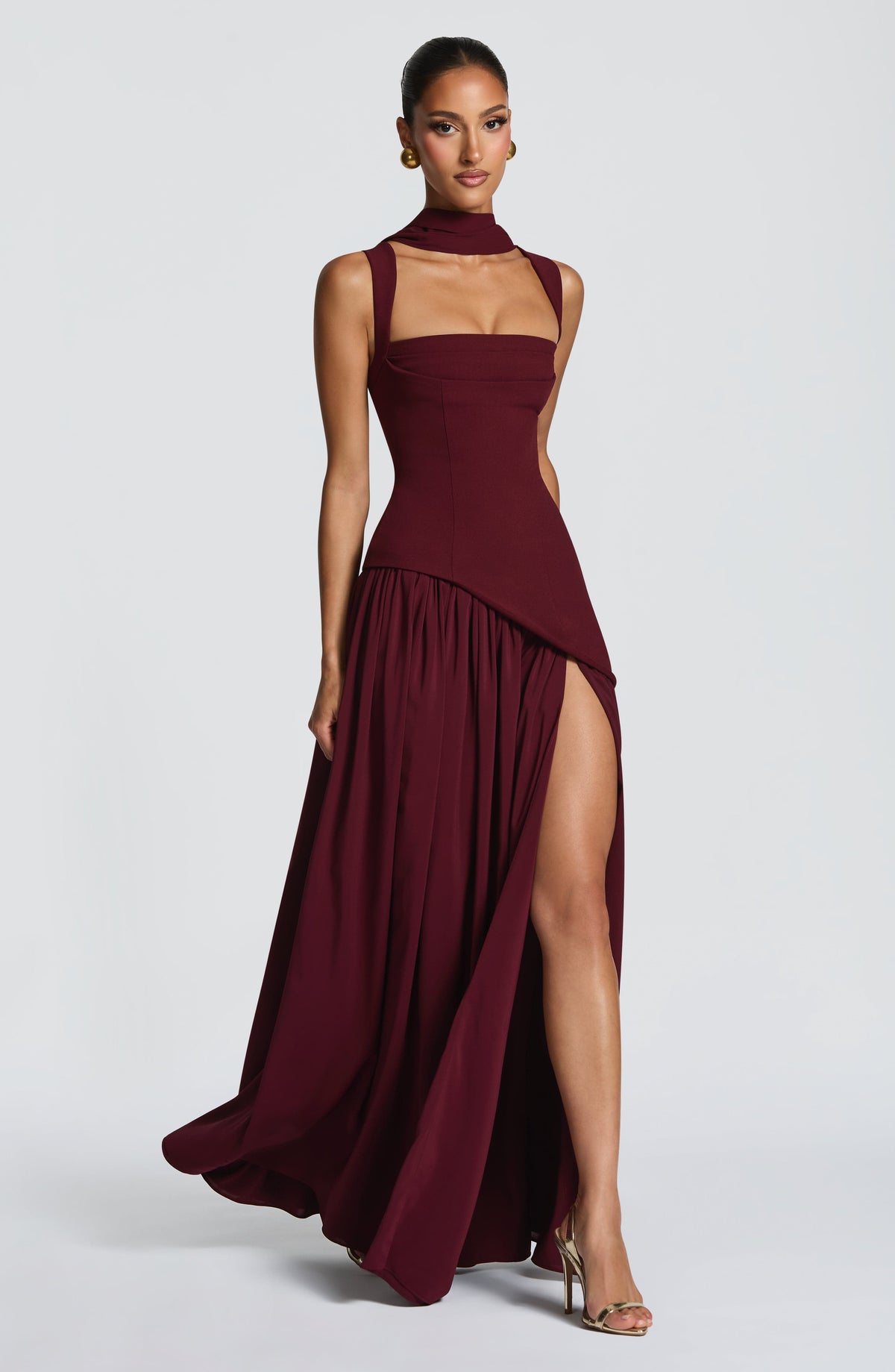 Square Neck Corset Bodice Asymmetric High Slit Maxi Gown