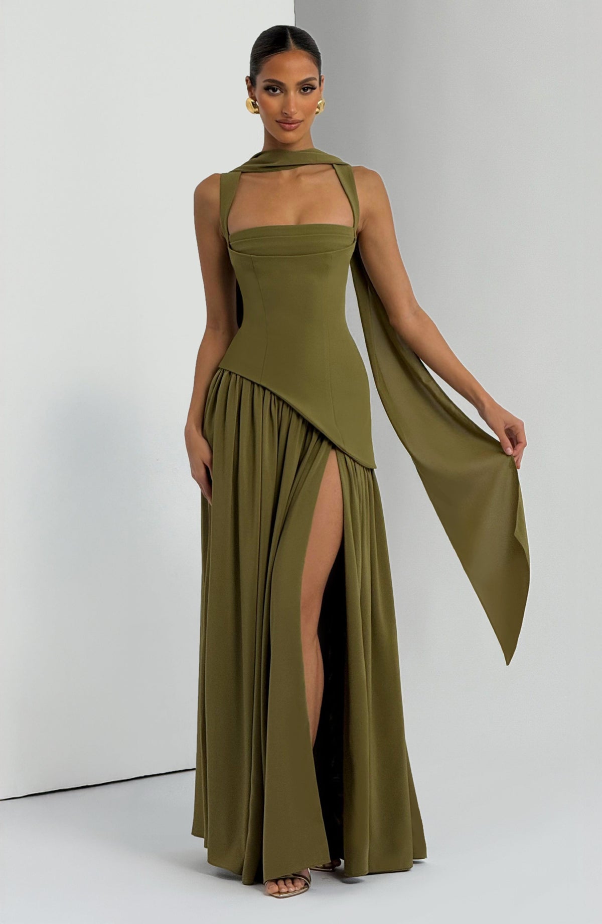 Square Neck Corset Bodice Asymmetric High Slit Maxi Gown