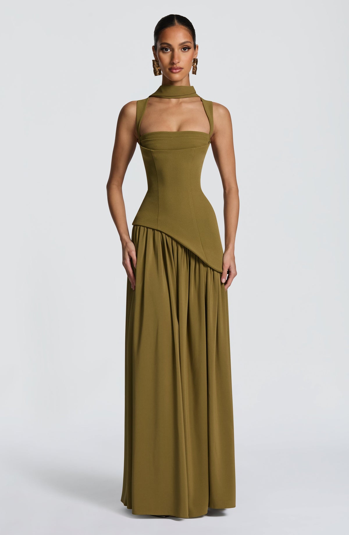 Square Neck Corset Bodice Asymmetric High Slit Maxi Gown