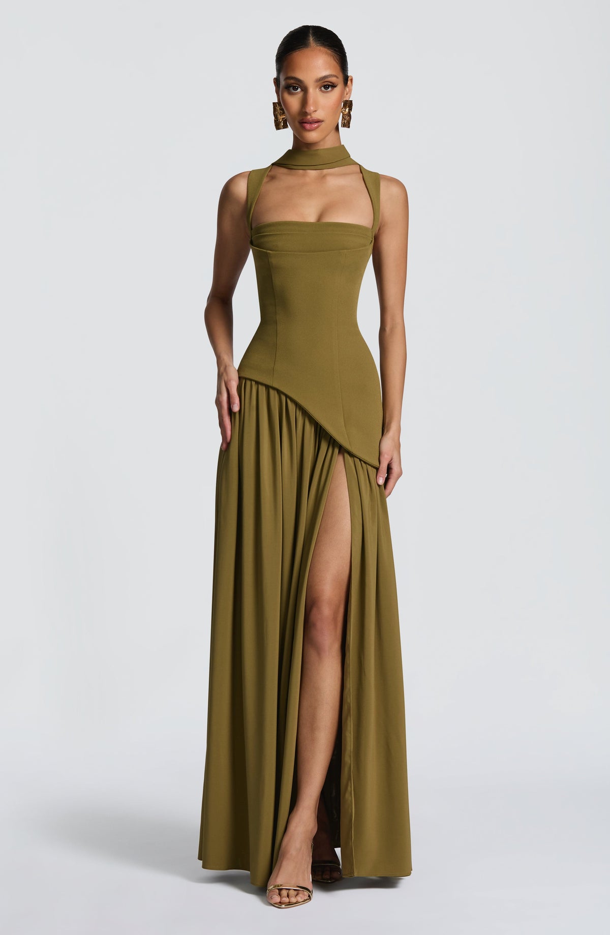 Square Neck Corset Bodice Asymmetric High Slit Maxi Gown