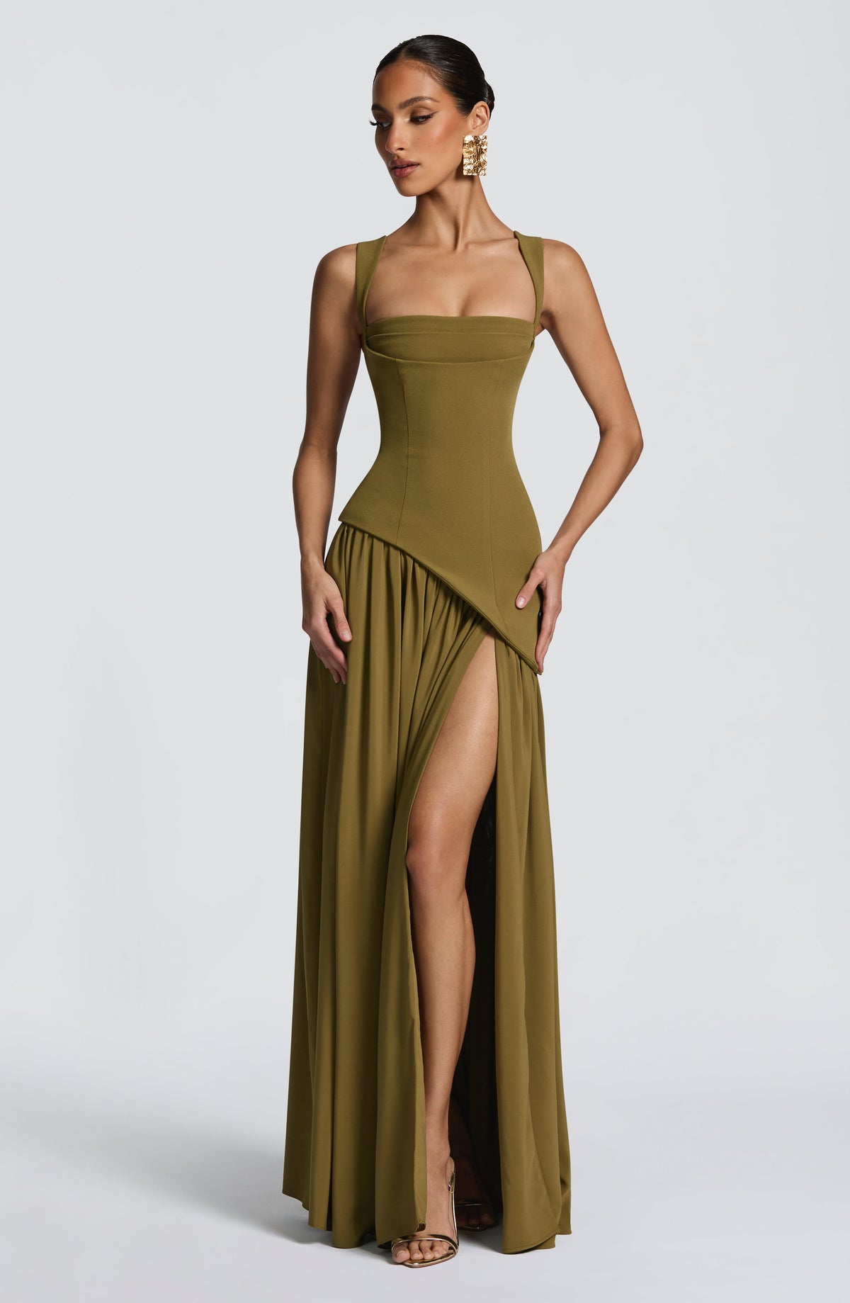 Square Neck Corset Bodice Asymmetric High Slit Maxi Gown
