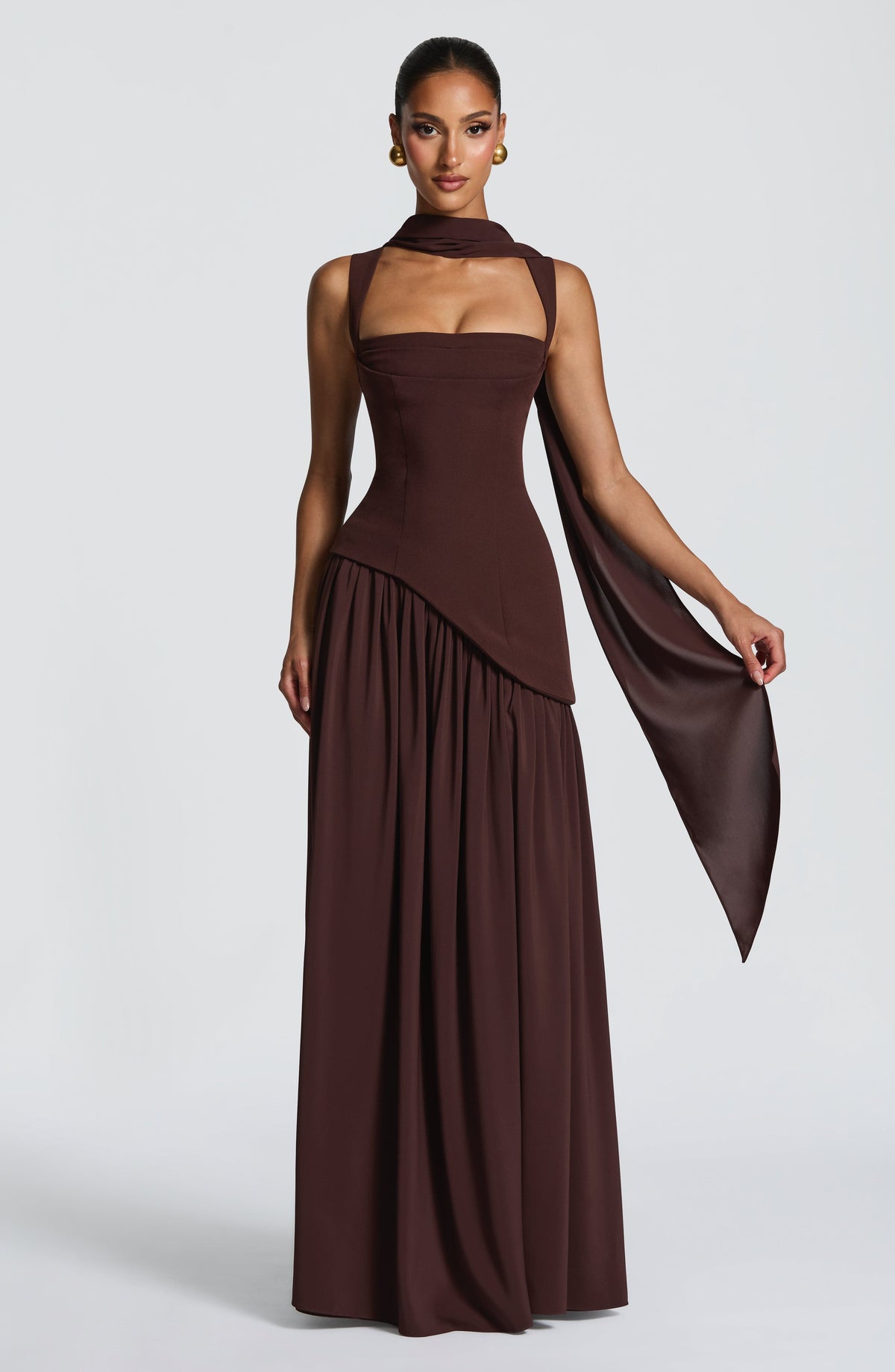 Square Neck Corset Bodice Asymmetric High Slit Maxi Gown