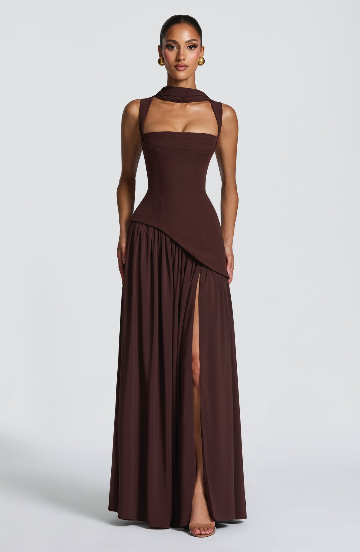 Square Neck Corset Bodice Asymmetric High Slit Maxi Gown