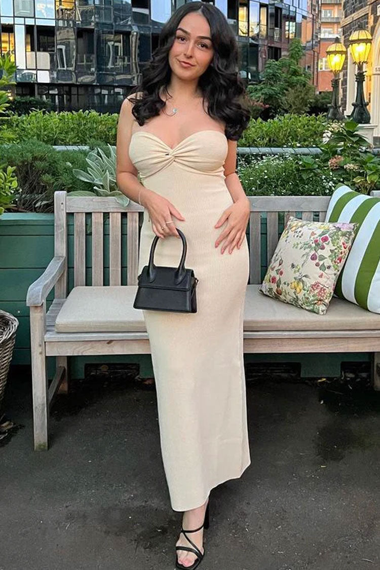 Apricot Spaghetti Strap Twist Front Ribbed Knit Bodycon Maxi Dress