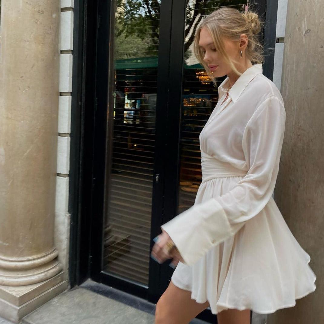 White Collared V-Neck Sheer Long Sleeve Ruched Waist Shirt Mini Dress