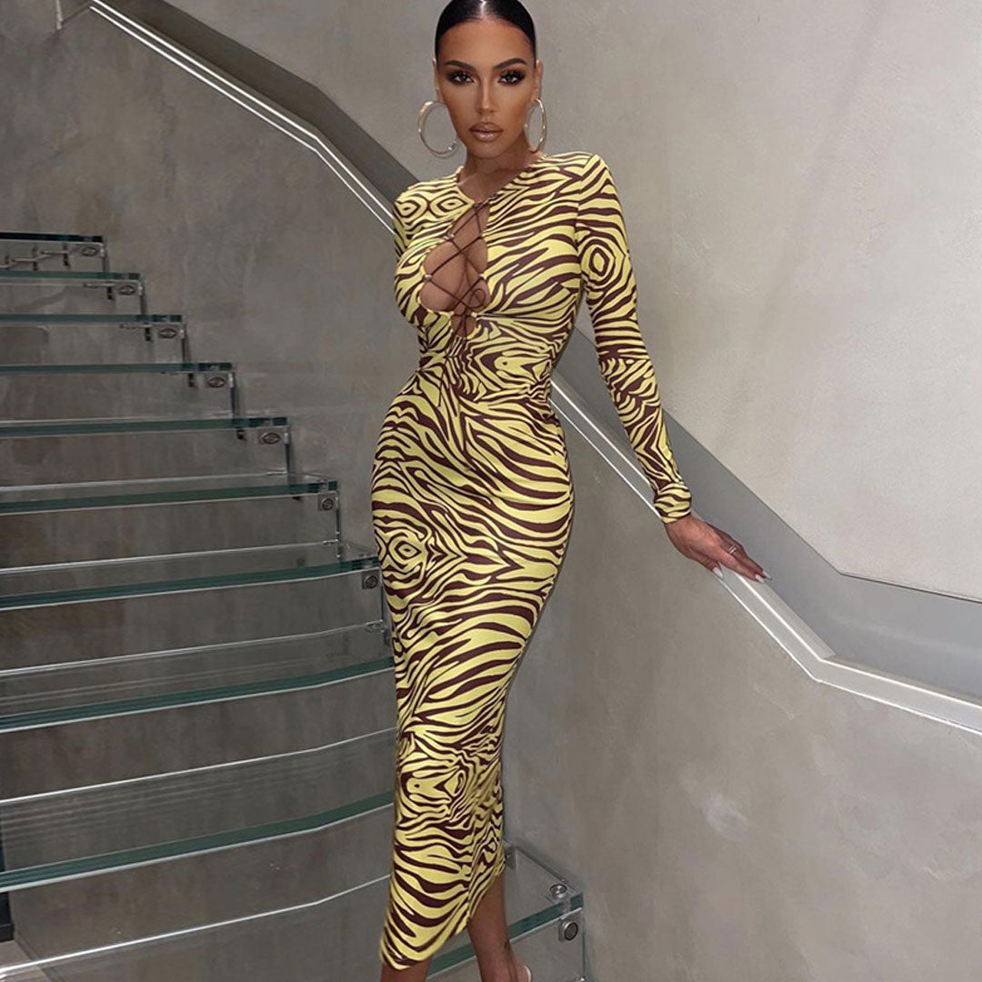 Yellow Zebra Print Lace Up Cut Out Long Sleeve Bodycon Maxi Dress