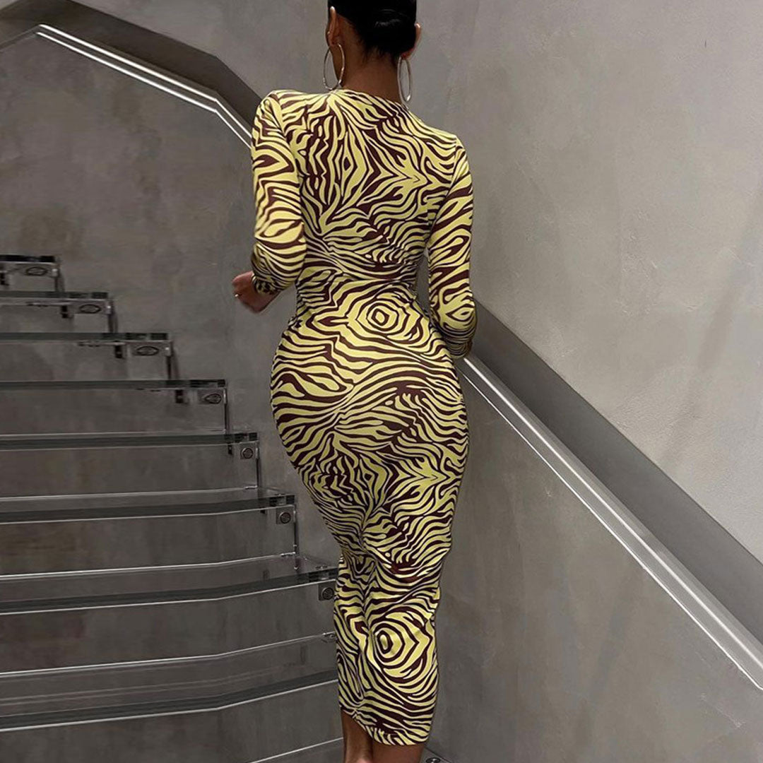 Yellow Zebra Print Lace Up Cut Out Long Sleeve Bodycon Maxi Dress