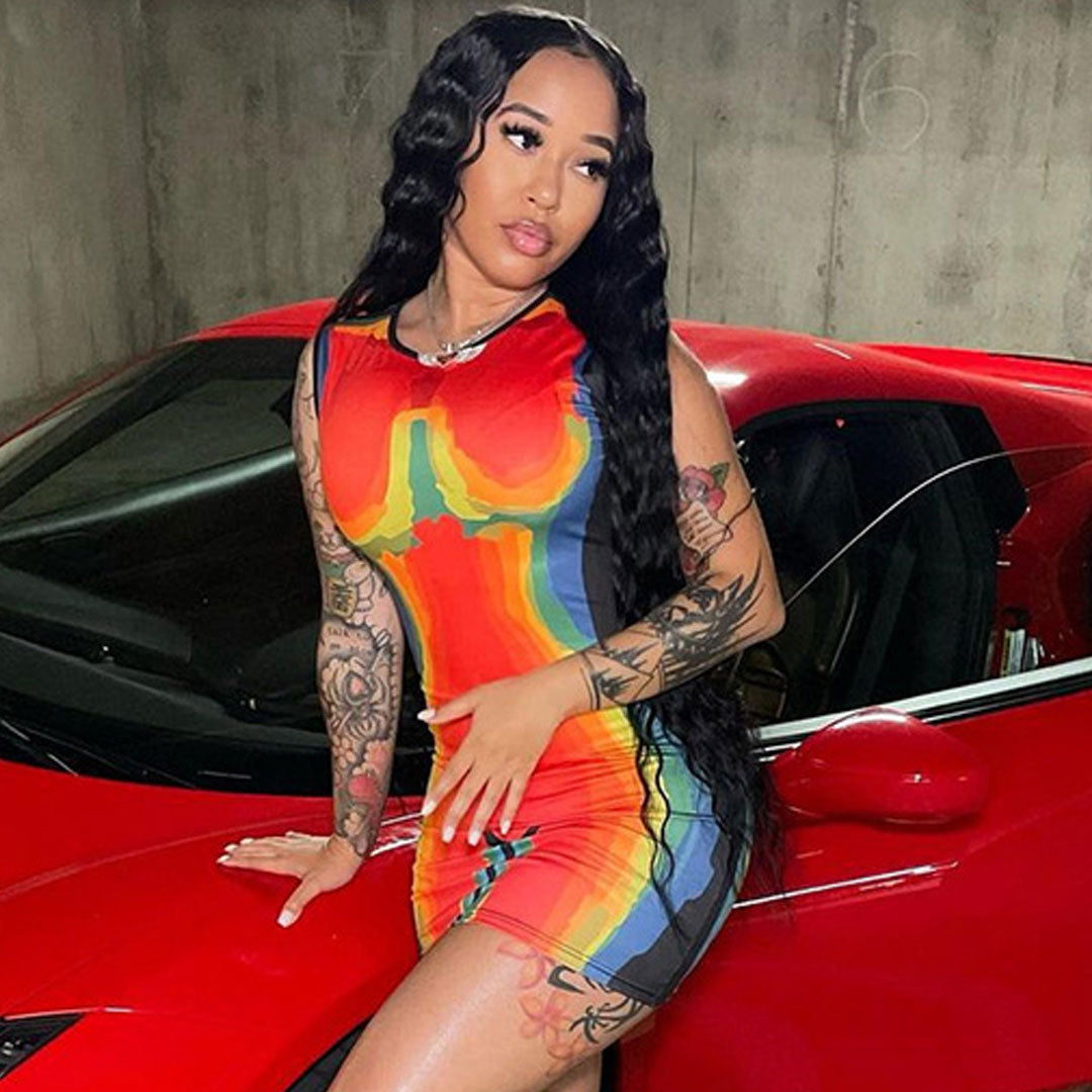 Red Crew Neck Sleeveless Thermal Body Print Bodycon Mini Dress