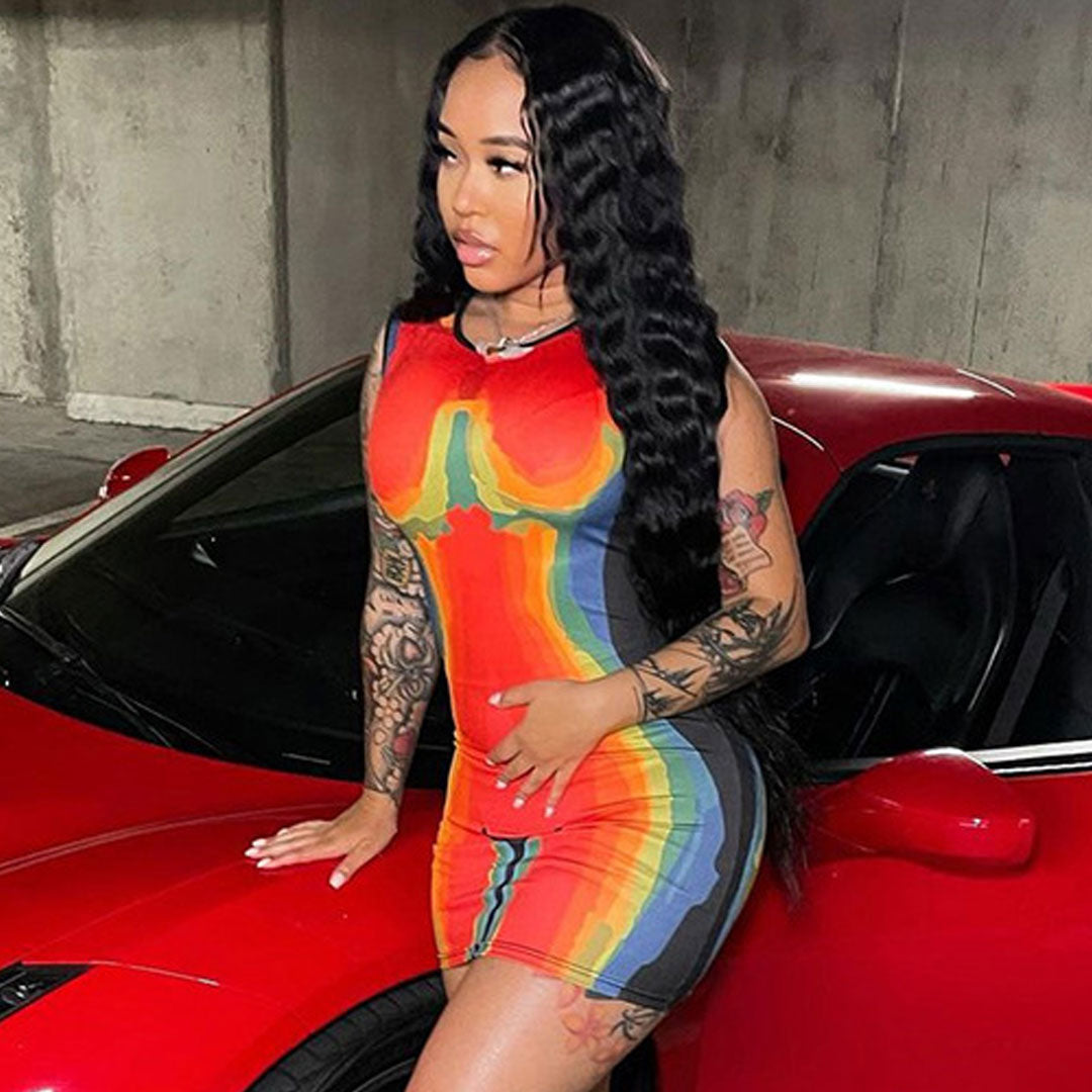 Red Crew Neck Sleeveless Thermal Body Print Bodycon Mini Dress 2