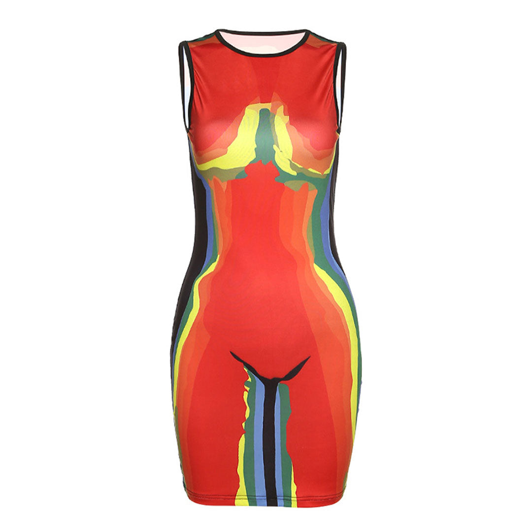 Red Crew Neck Sleeveless Thermal Body Print Bodycon Mini Dress 3