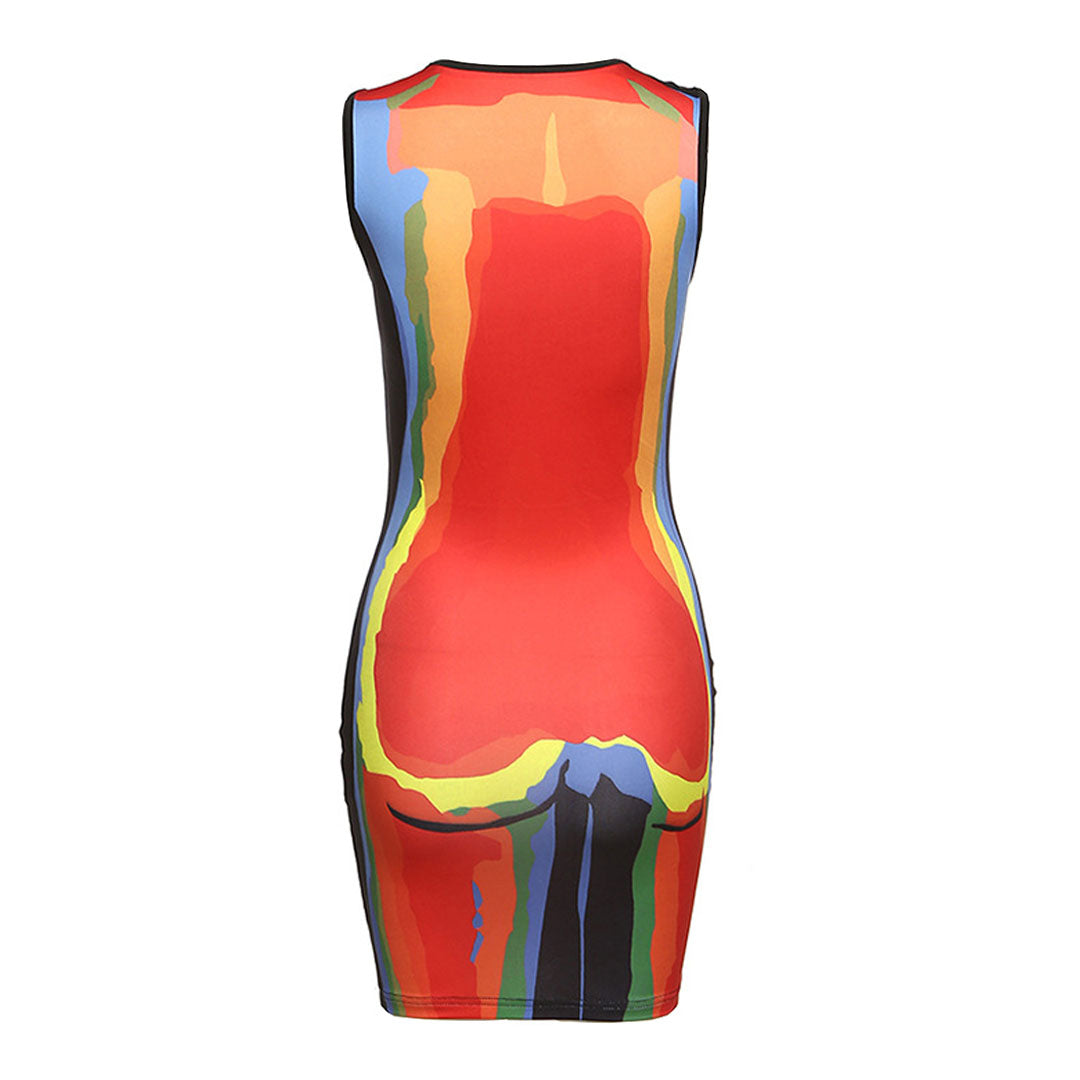 Red Crew Neck Sleeveless Thermal Body Print Bodycon Mini Dress 4