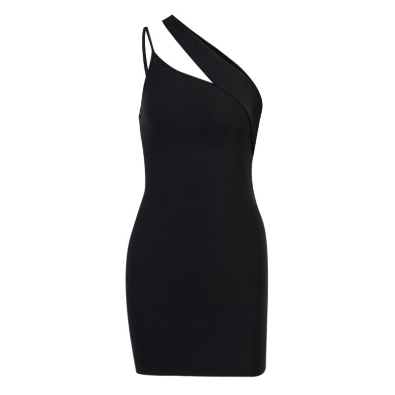 Black Asymmetric One Shoulder Cutout Strap Bandage Bodycon Mini Dress
