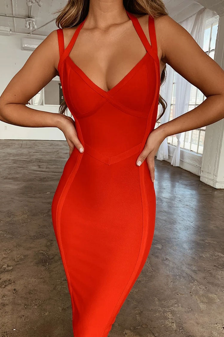 Red V-Neck Double Strap Bandage Bodycon Midi Dress