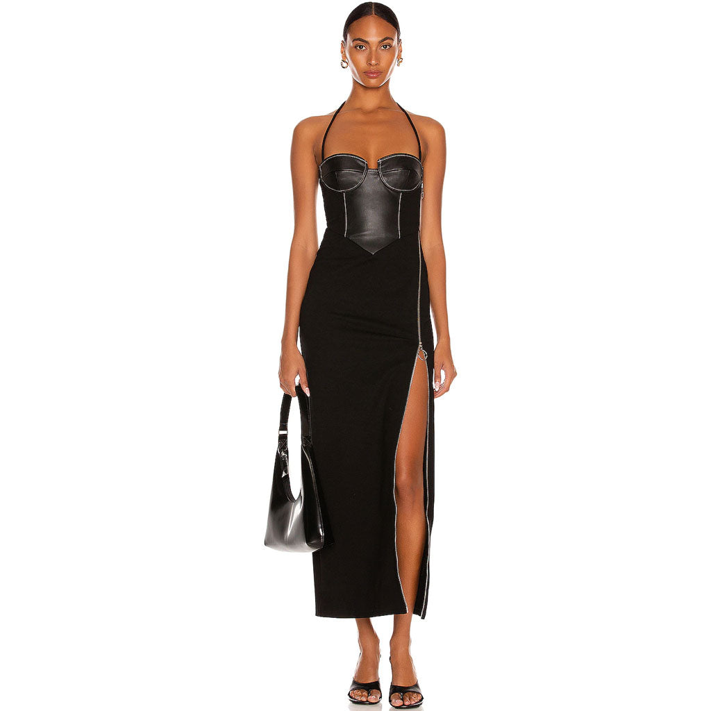 Black Halter Neck Leather Bustier Zip High Slit Bodycon Midi Dress