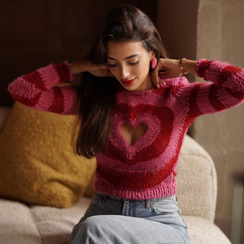 Red Crew Neck Heart Cutout Striped Knit Cropped Sweater