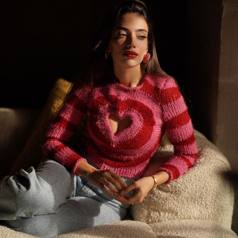 Red Crew Neck Heart Cutout Striped Knit Cropped Sweater