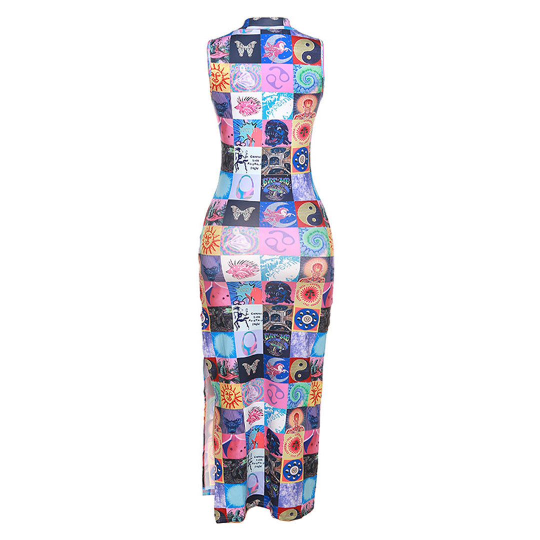 Multicolor High Neck Sleeveless Graphic Patchwork Print Bodycon Maxi Dress
