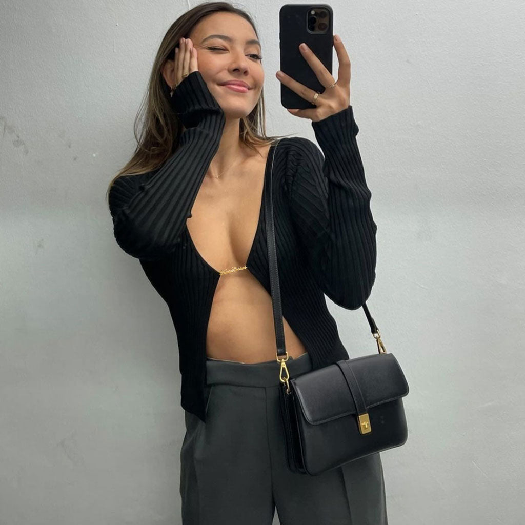 Black Off-Shoulder Chain Clasp Open Front Ribbed Cropped Cardigan