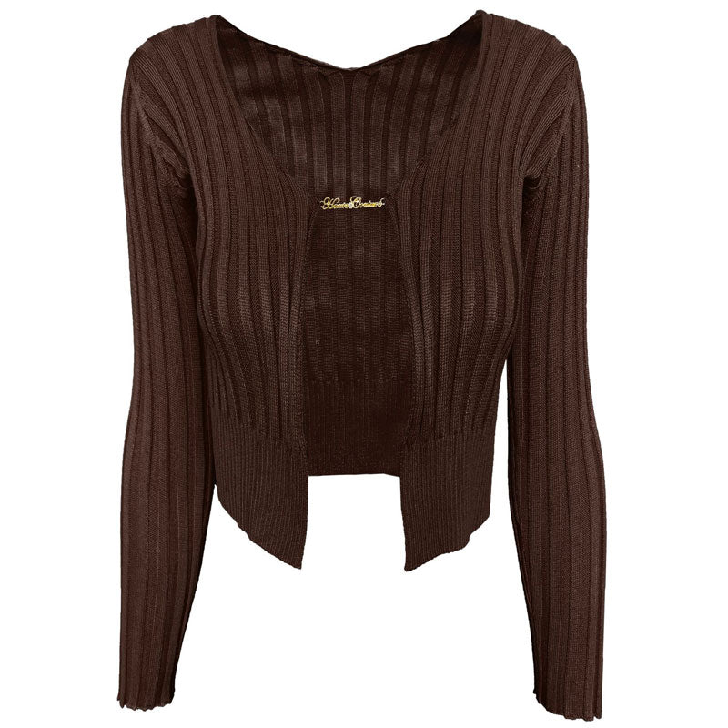 Coffee Chain Clasp Open Front Ribbed Long Sleeve Crop Cardigan