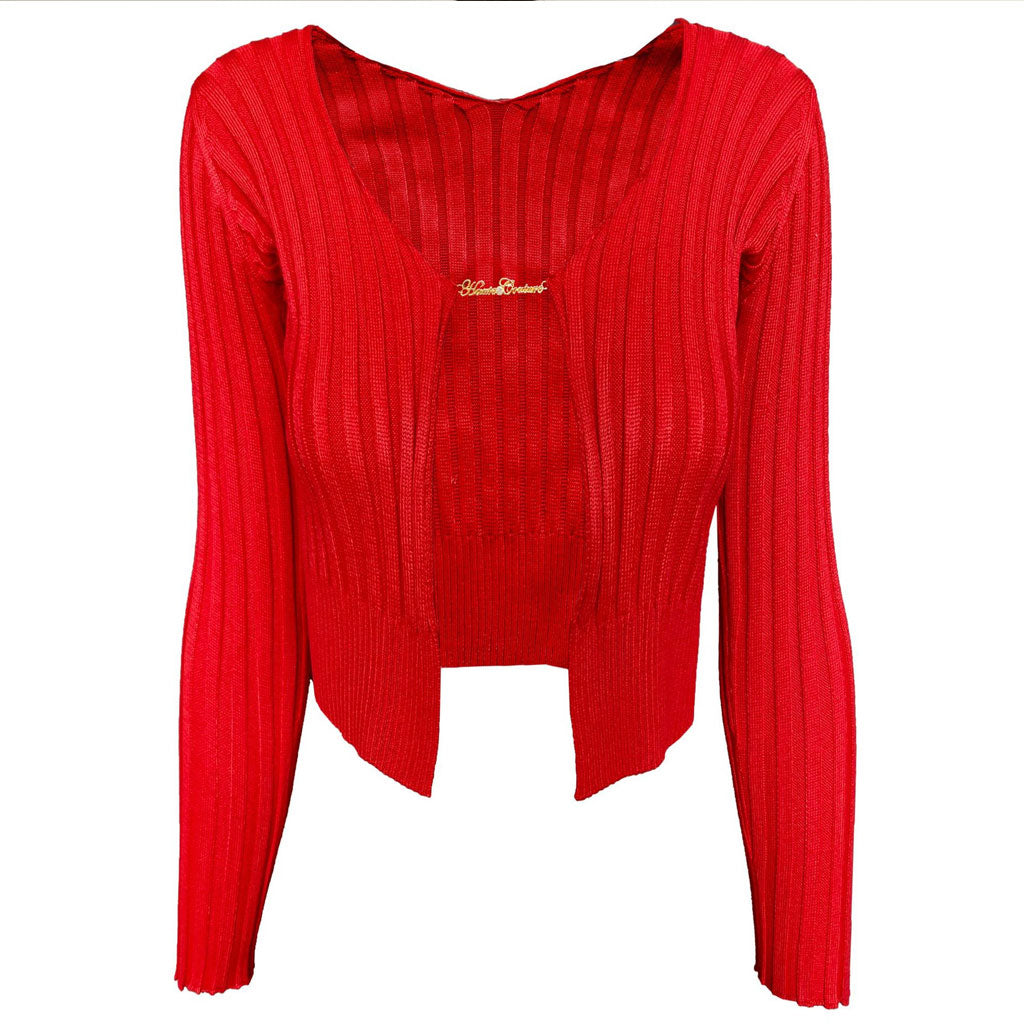 Red Chain Clasp Open Front Ribbed Long Sleeve Crop Cardigan