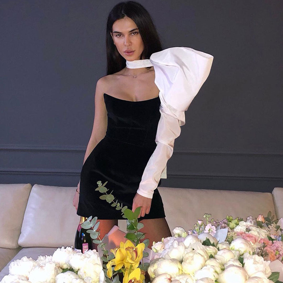 Black One Shoulder Puff Sleeve Velvet Bustier Bodycon Mini Dress