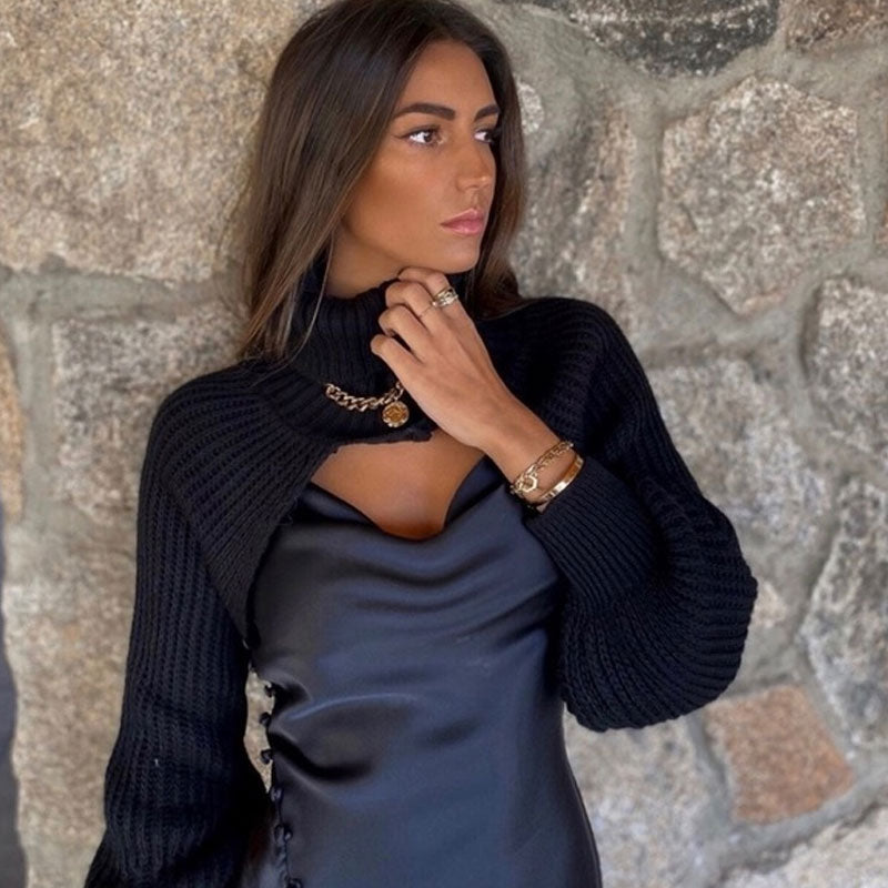 Black Turtleneck Long Sleeve Ribbed Knit Cropped Shrug Sweater