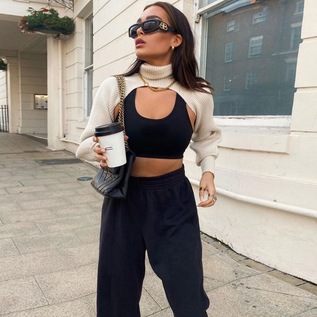 White Turtleneck Long Sleeve Rib Knit Cropped Pullover Sweater
