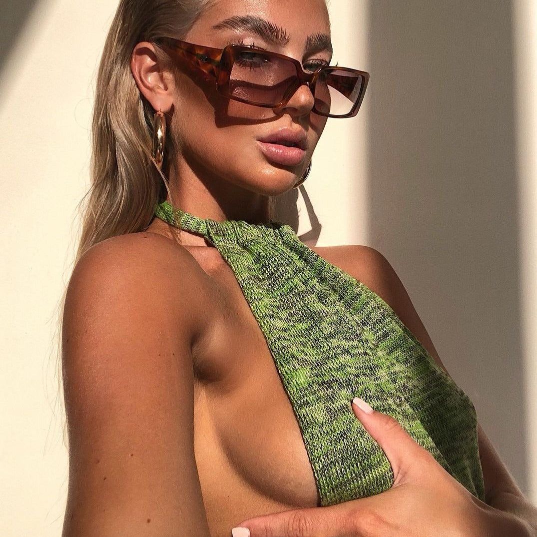 Green Halter Neck Backless Ribbed Knit Bodycon Mini Dress