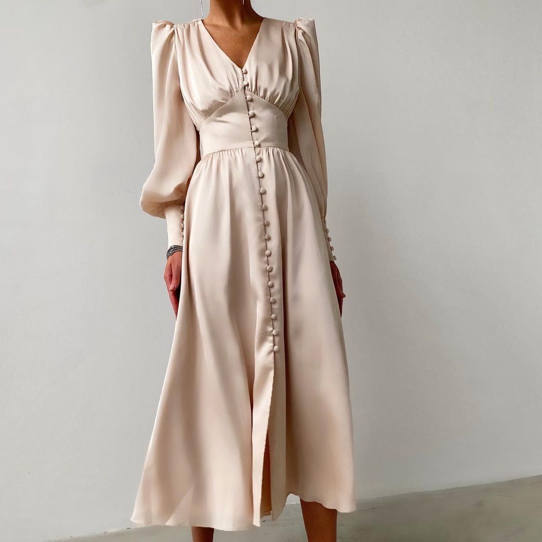 V-Neck Lantern Sleeve Satin Button-Front A-Line Midi Dress 4